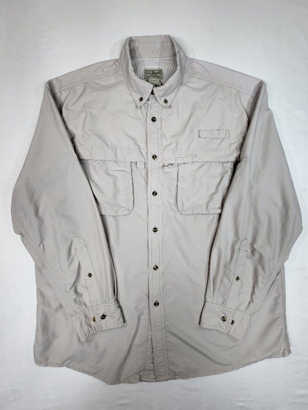 LL Bean Mens Large Regular Long Sleeve Fishing Shirt Beige Vented Nylon Blend